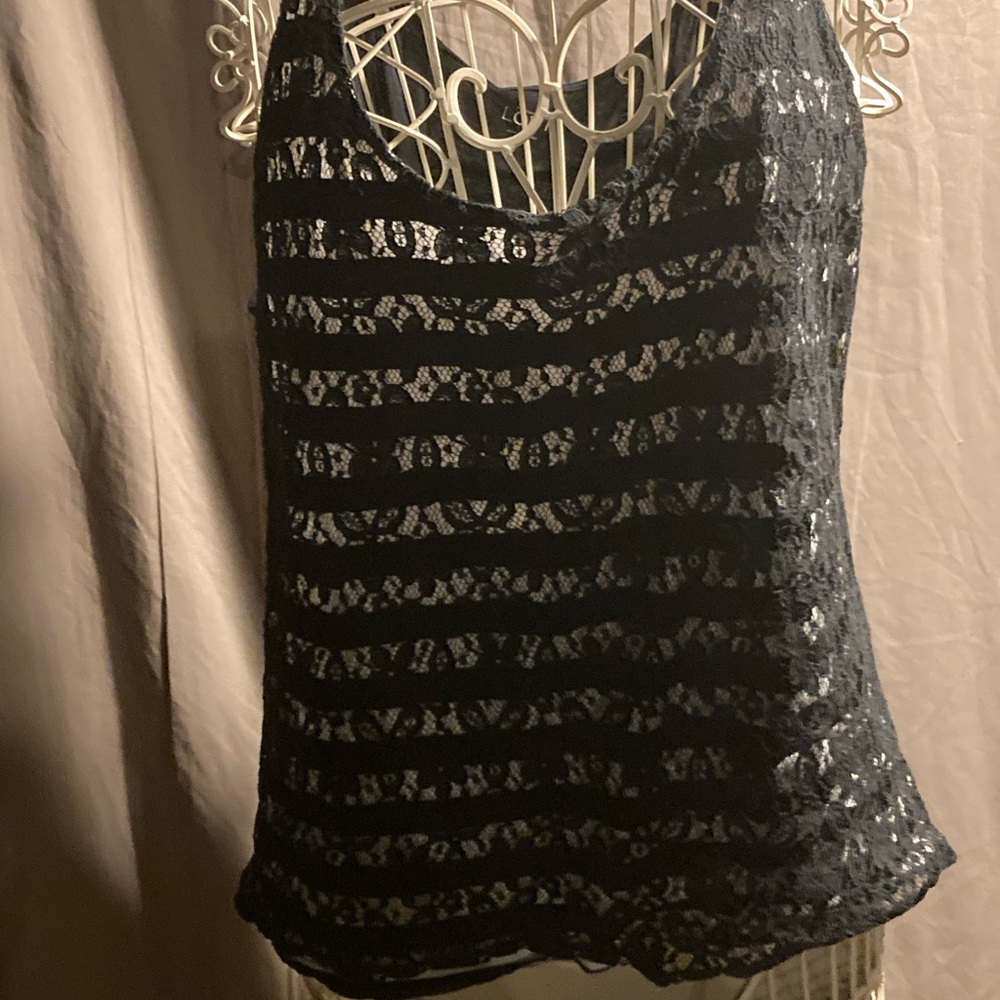 LOFT Gray and Black Tank Top with Distressed Stripes